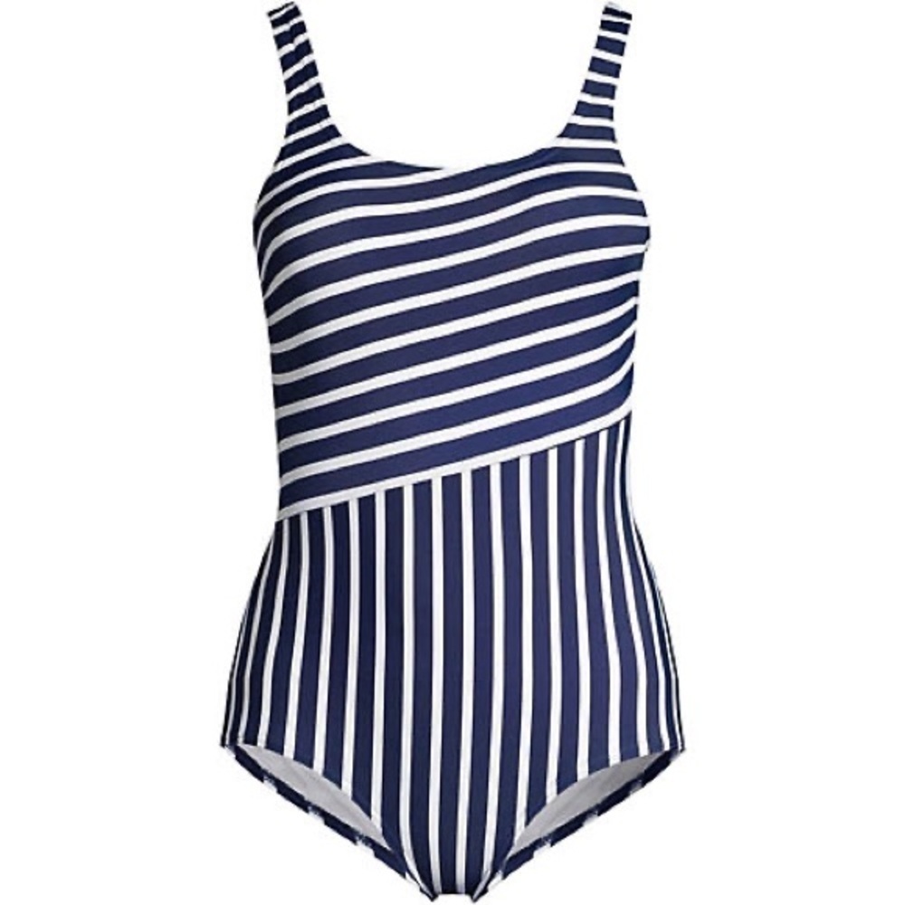 Lands End Coastal Navy Blue Striped Sporty Tugless One Piece Swimsuit Size 4